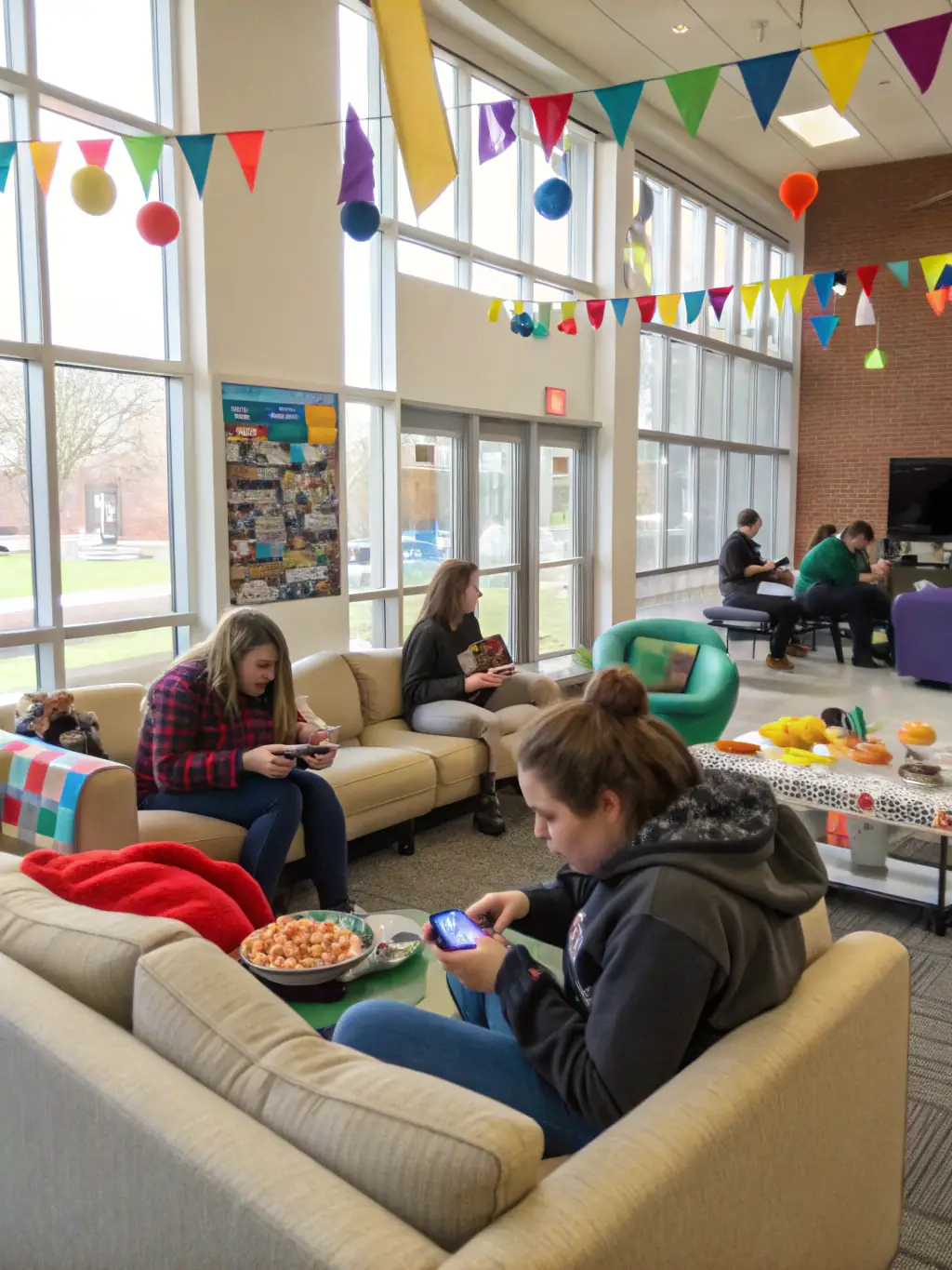 A cozy hostel common room with students from diverse backgrounds interacting, playing games, and sharing meals.