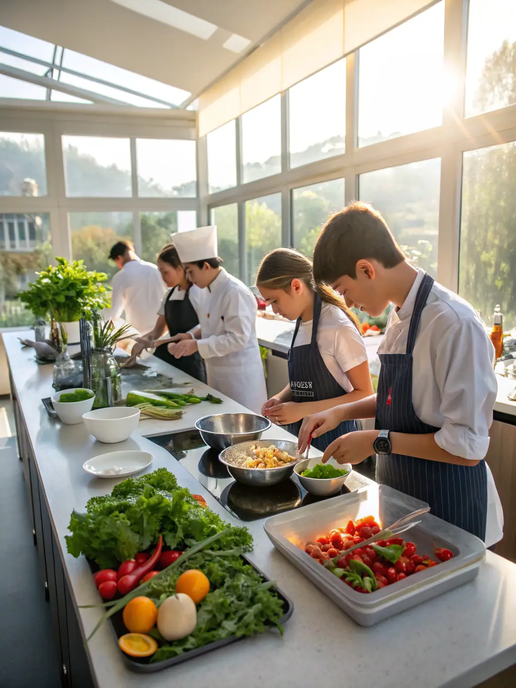 A diverse group of students gathered in a communal kitchen, preparing a meal together and laughing.