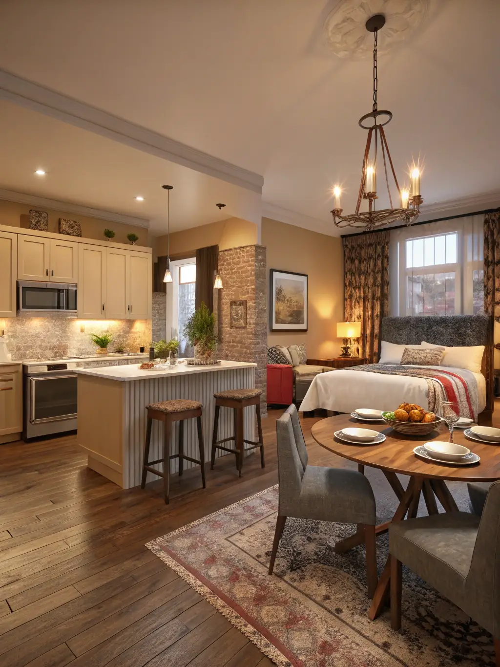 A cozy and fully furnished short-term apartment with a kitchenette, study desk, and a comfortable bed.
