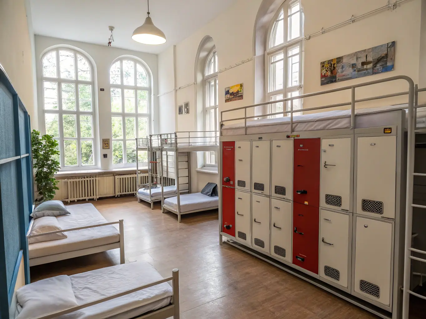 A cozy and budget-friendly hostel room with bunk beds and individual lockers, showcasing a practical and social accommodation option for students.