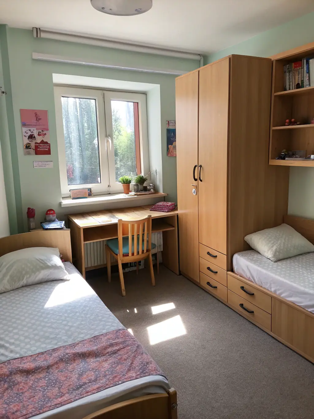A clean and welcoming hostel dorm room with bunk beds, individual lockers, and a window showing a city view.