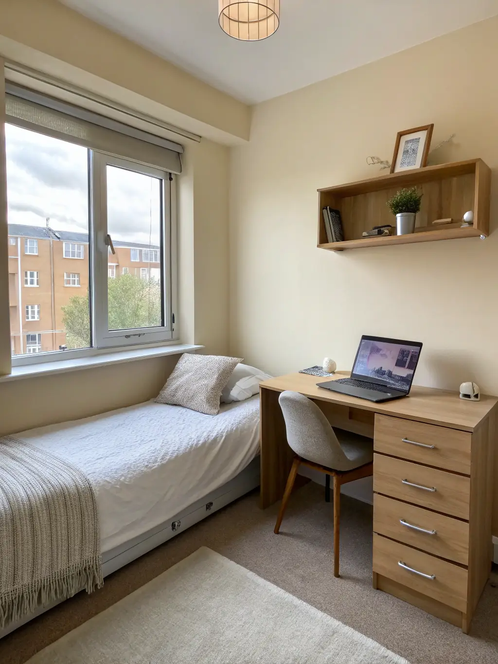A well-equipped short-term apartment with a desk, bed, and kitchenette, designed for temporary stays.
