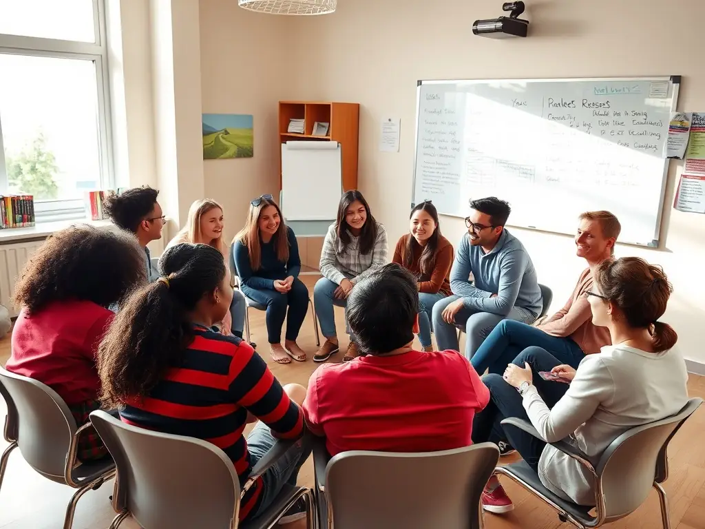 A group of diverse students participating in a welcome orientation session at an ONLE residence, showcasing the community aspect and support provided to new residents.