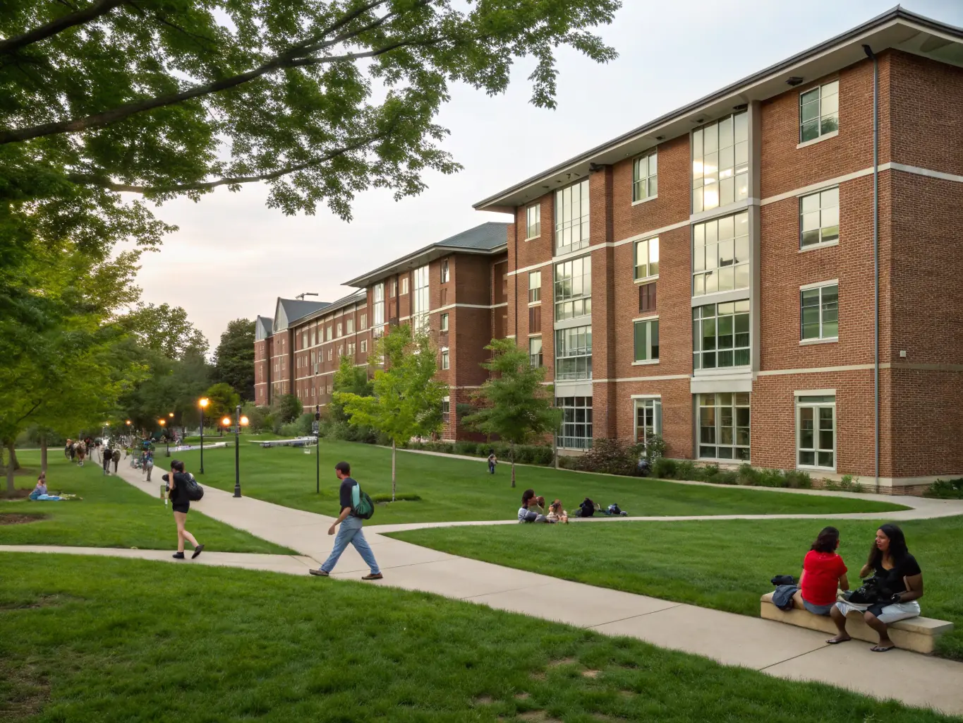 A modern student residence building with several floors and large windows, indicating comfortable student living spaces. The image is taken during a sunny day to highlight the welcoming atmosphere.