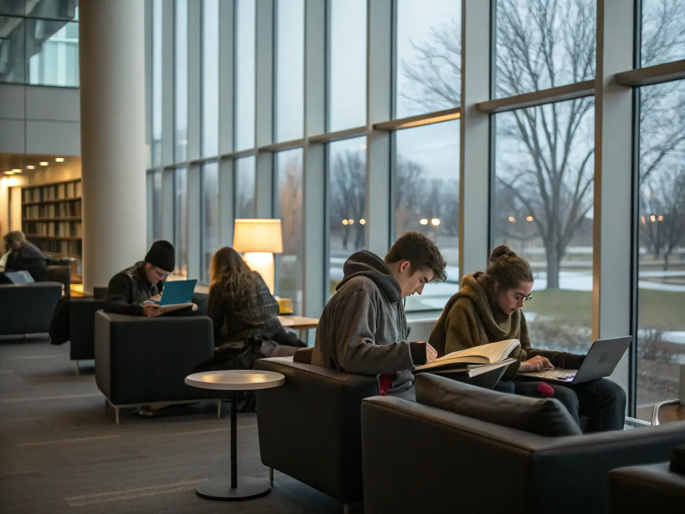 A brightly lit, modern student residence common area with students studying and socializing, reflecting a supportive and engaging living environment.