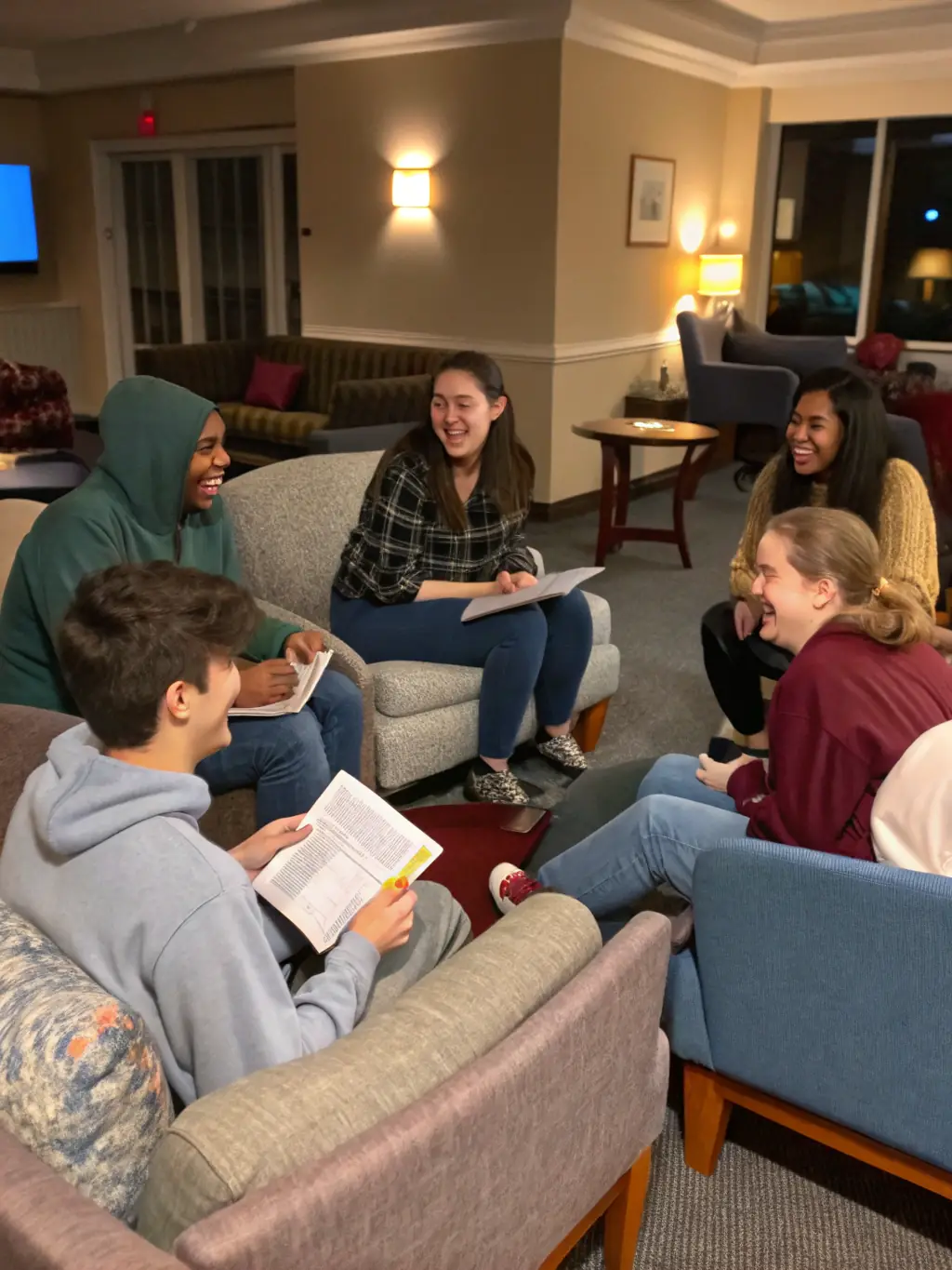 A group of international students gathered in a common area of ONLE accommodation, laughing and engaging in conversation, showcasing the diverse community.