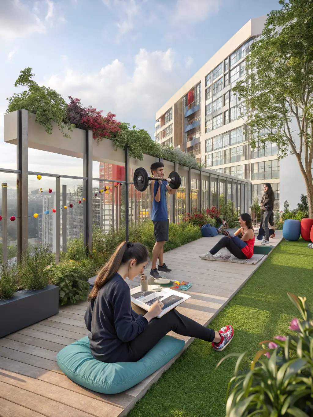 A modern student residence building with large windows and a communal courtyard, students are seen studying and socializing in the background.