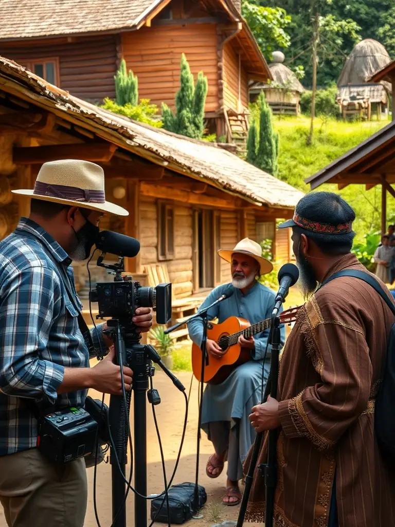 A scene from a research project, with ethnomusicologists recording and documenting traditional music in a rural village, highlighting the importance of preservation.