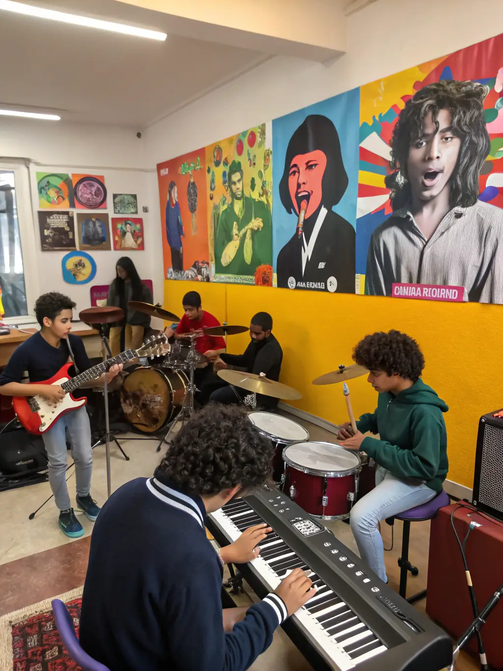 A photograph of a workshop where participants are learning to play traditional instruments, emphasizing hands-on engagement and skill-building.