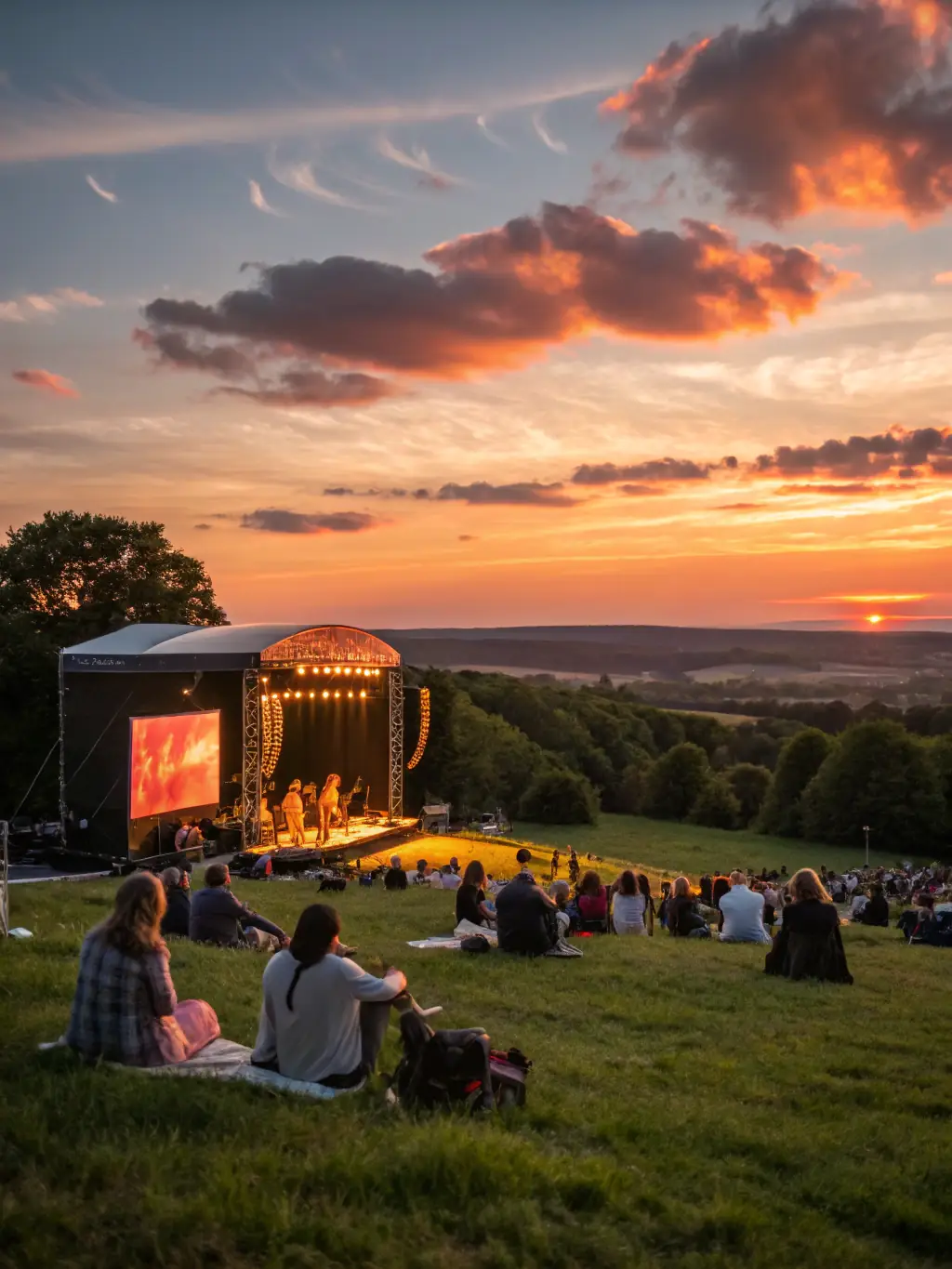 A vibrant image of a community music festival, featuring local musicians performing traditional music and dance, with a diverse audience enjoying the event.