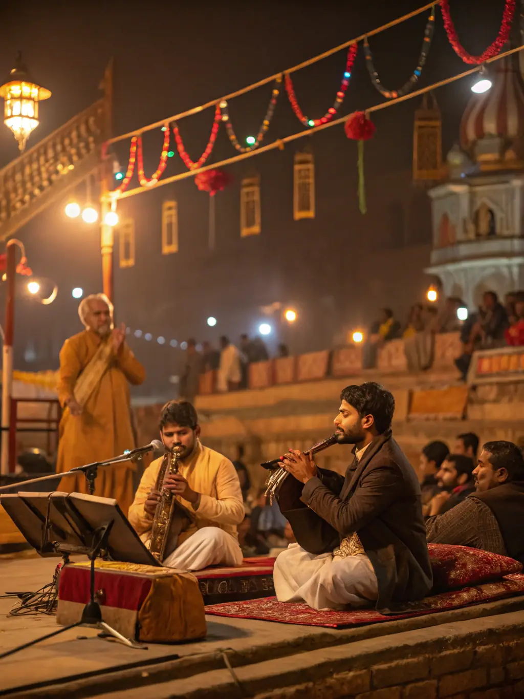 A vibrant image capturing a traditional music ensemble performing at a local festival in the Massif Central, showcasing the energy and cultural richness of the region's musical heritage.