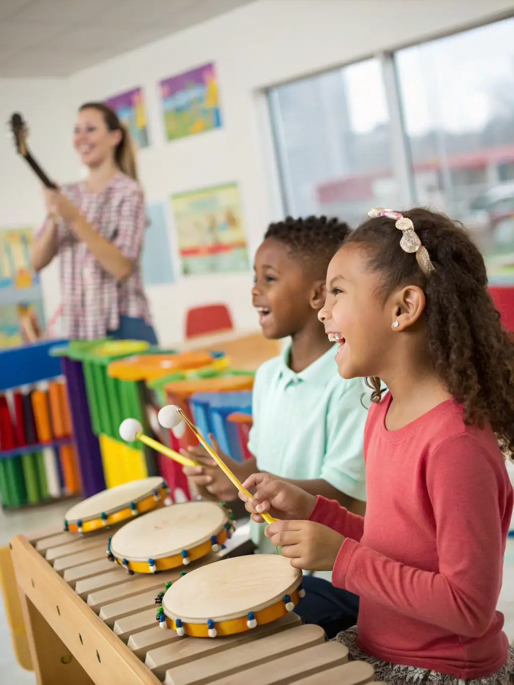 A photograph of a group of children participating in a traditional music workshop, learning to play a local instrument, with a focus on their engagement and the instructor's guidance.