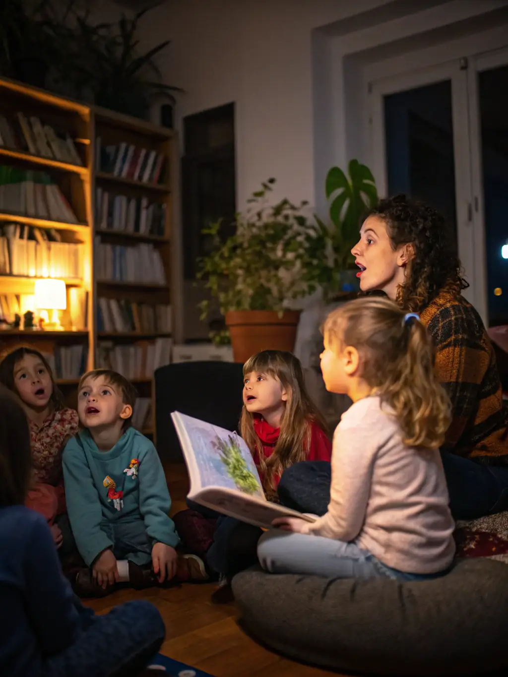 A photograph capturing children participating in a storytelling session at The House of Trees, highlighting the organization's commitment to nurturing young minds.