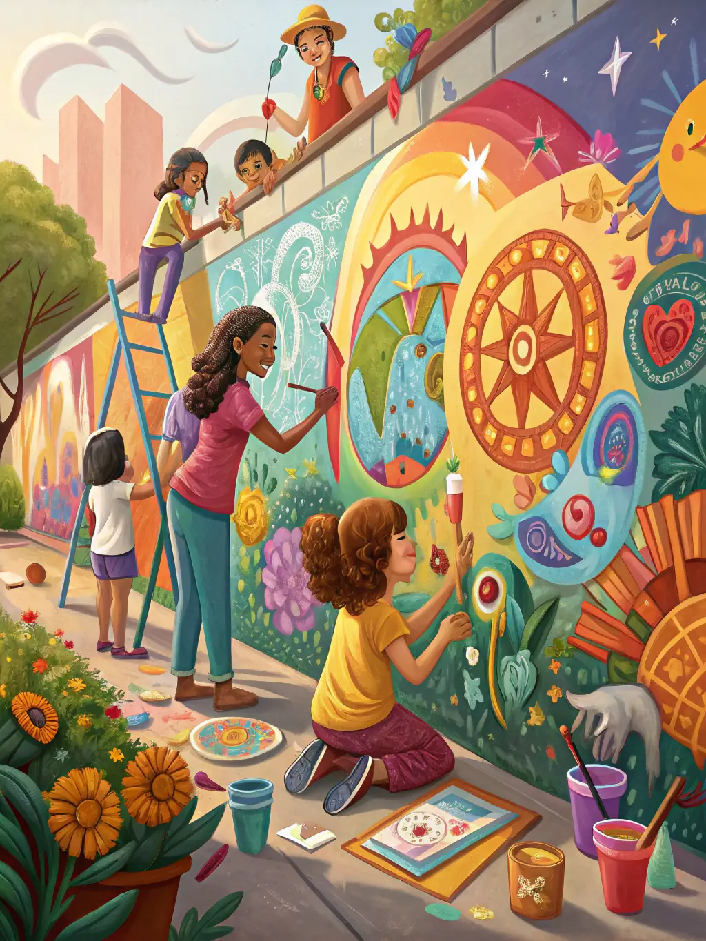 A vibrant image depicting a group of local artists collaborating on a mural during a House of Trees workshop, showcasing community engagement and artistic expression.