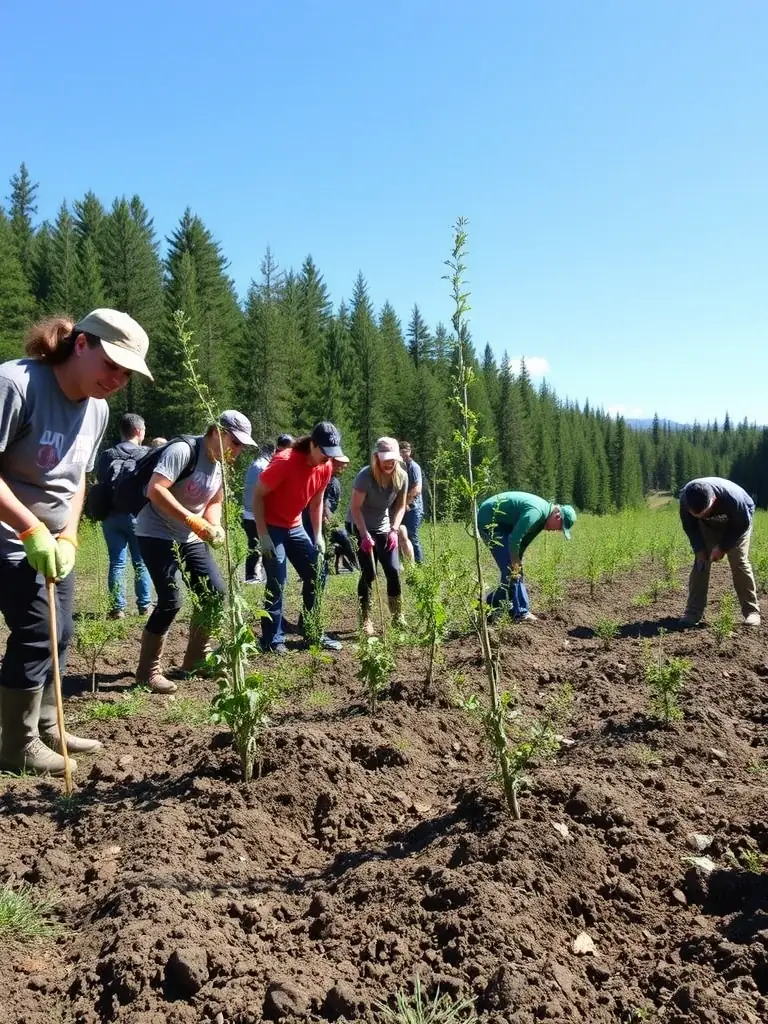 An image showing volunteers planting trees in the Saint Laurent sous Coiron area, emphasizing The House of Trees' dedication to environmental sustainability.